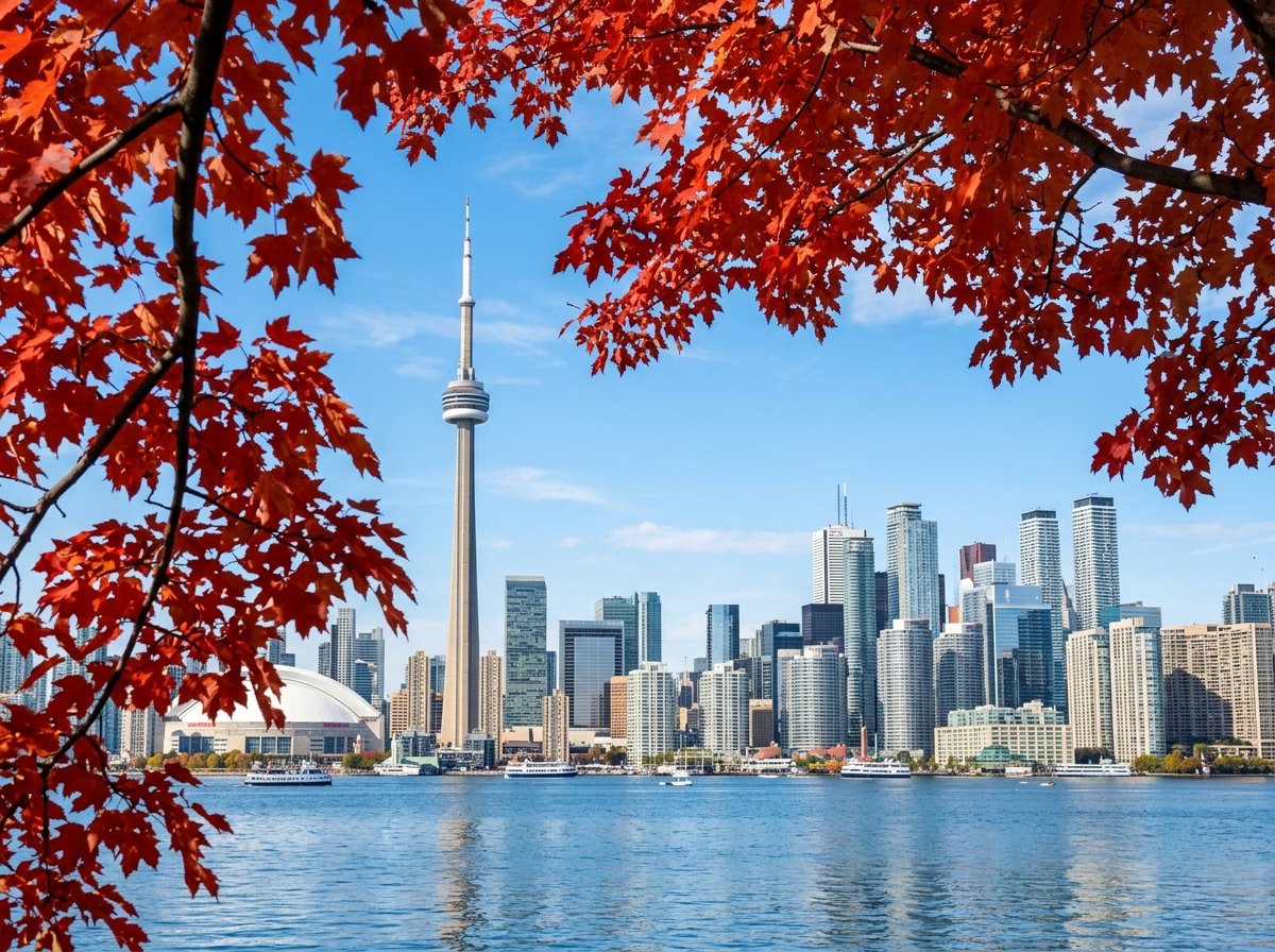Toronto Skyline framed with red Canadian Maple Leaves
